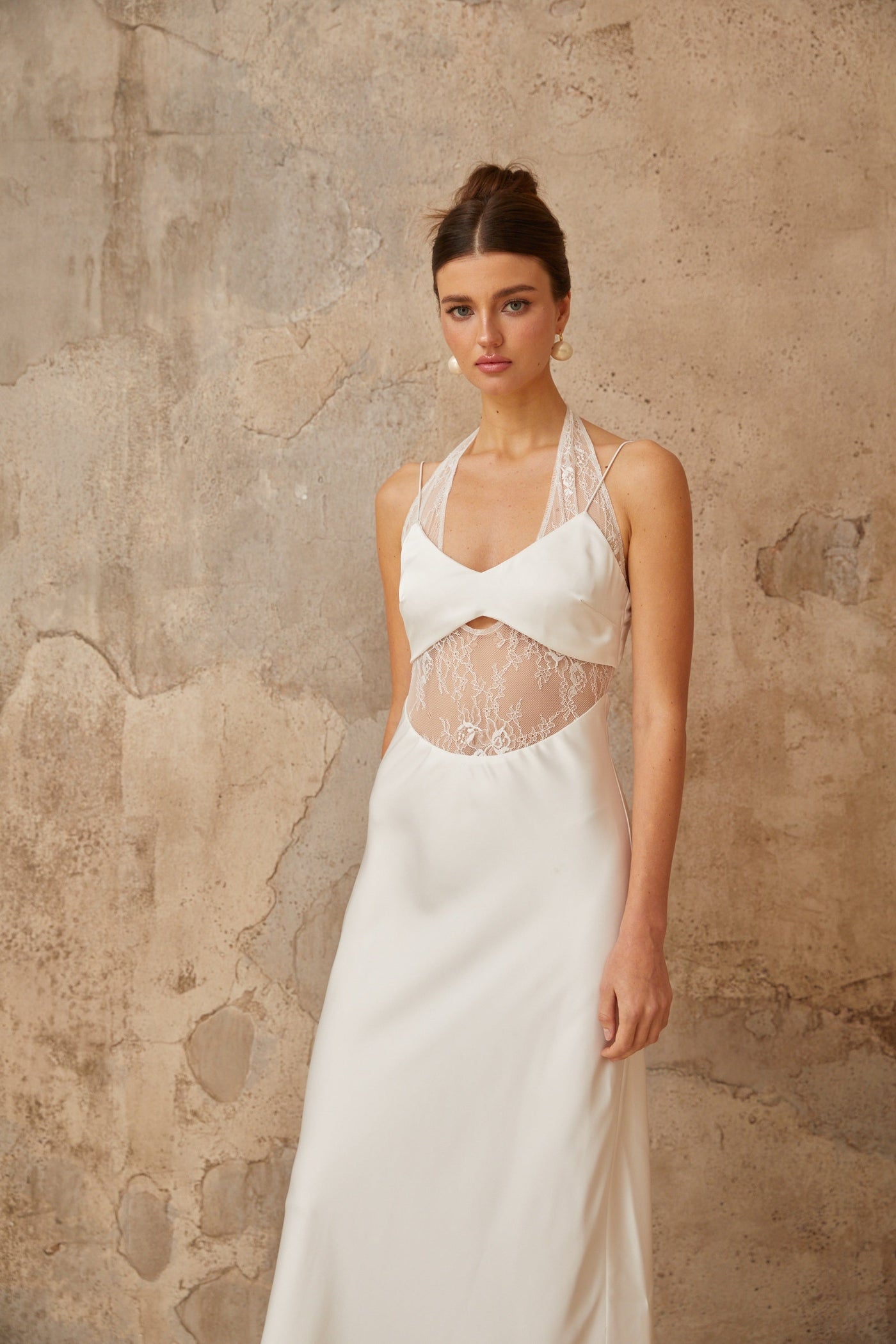 Blanche white lace-panel satin maxi dress