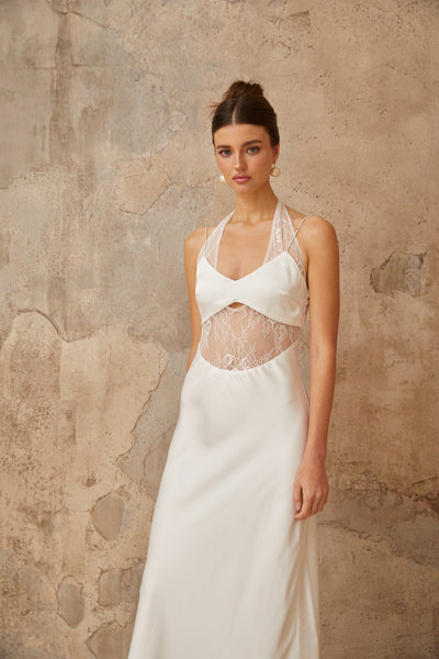 Blanche white lace-panel satin maxi dress