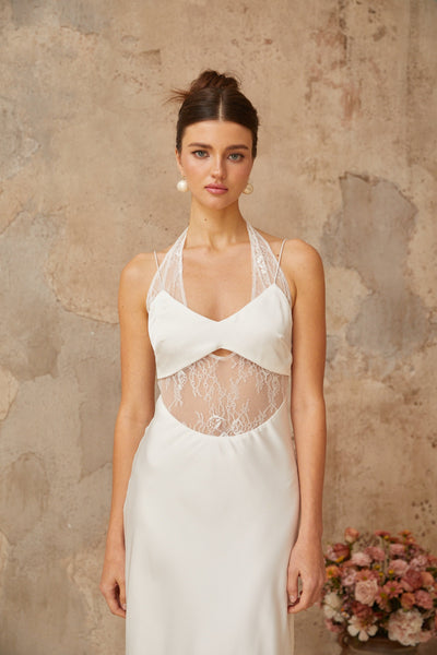 Blanche white lace-panel satin maxi dress