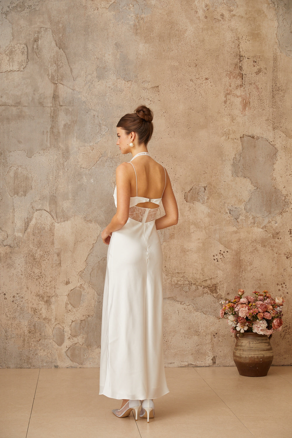Blanche white lace-panel satin maxi dress - Celestia Couture