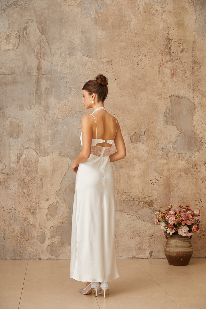 Blanche white lace-panel satin maxi dress - Celestia Couture