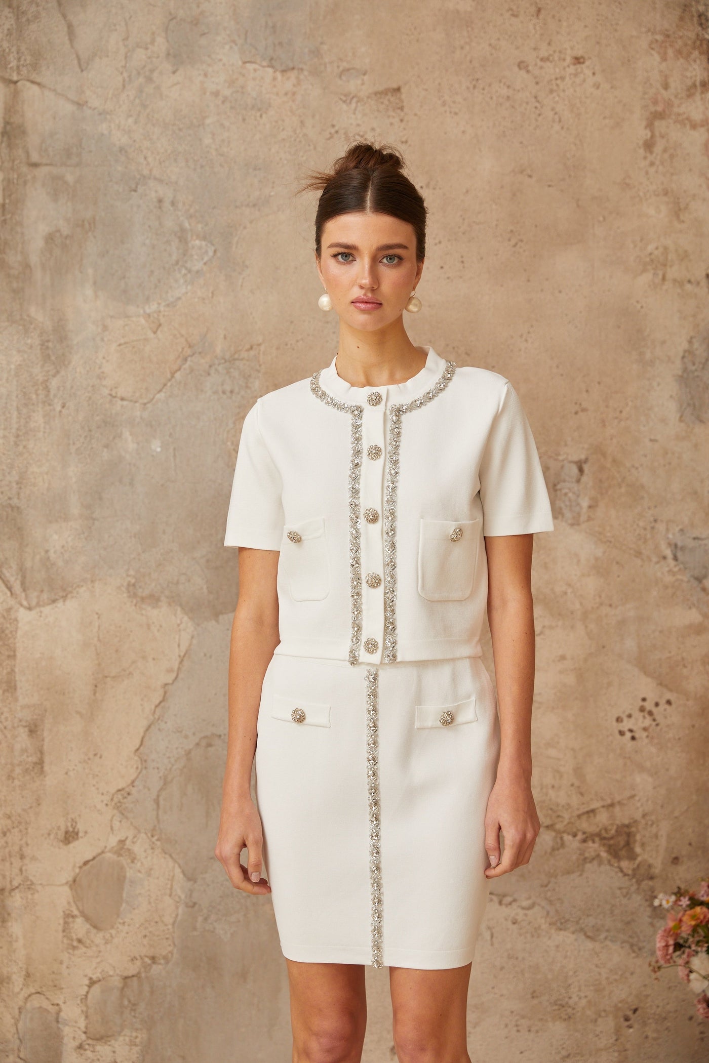 Aurore white crystal-embellished knit top & skirt matching set