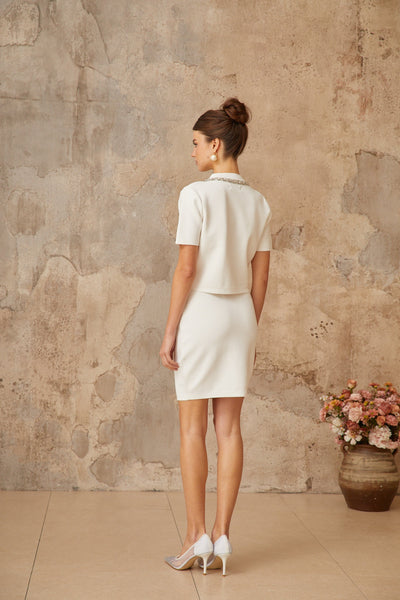 Aurore white crystal-embellished knit top & skirt matching set