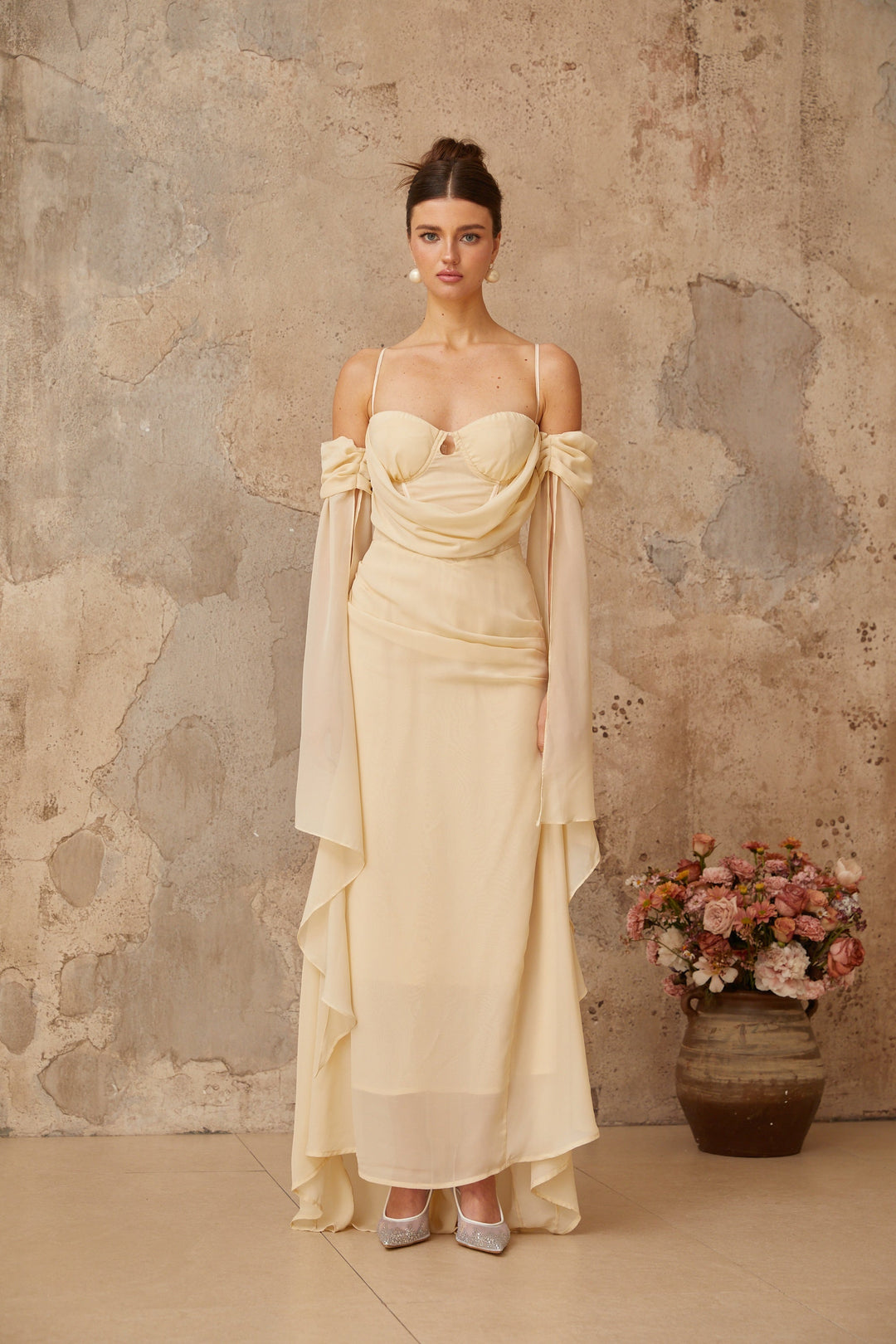 Mélusine neutrals ruched chiffon maxi dress - Celestia Couture