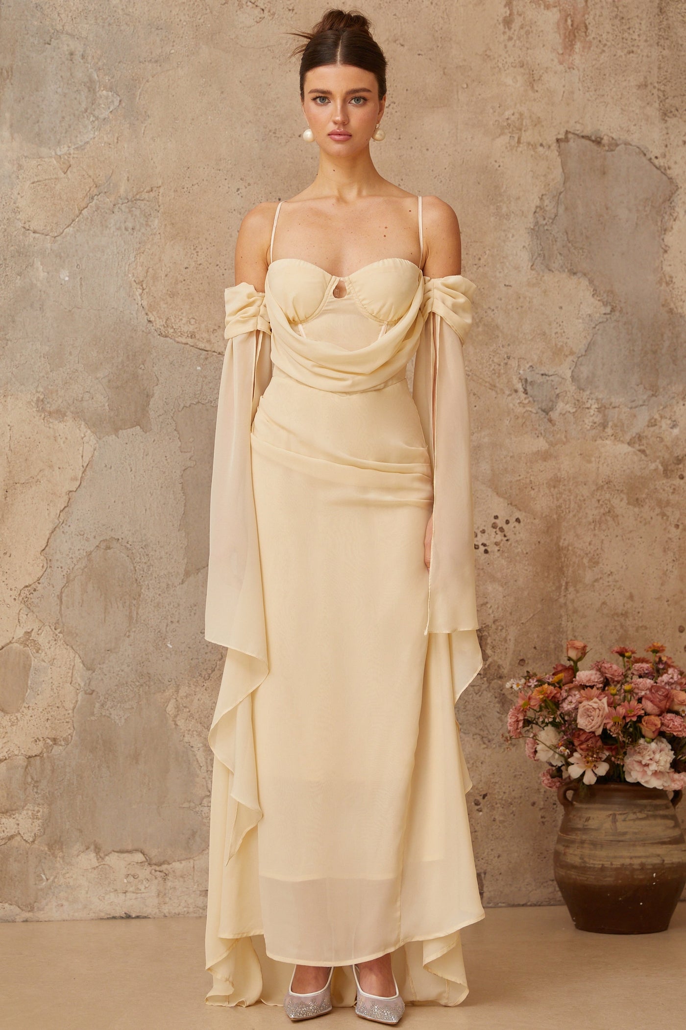 Mélusine neutrals ruched chiffon maxi dress
