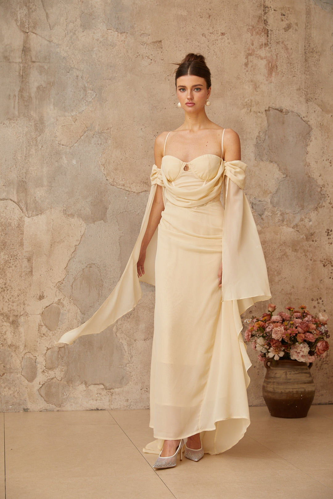 Mélusine neutrals ruched chiffon maxi dress - Celestia Couture