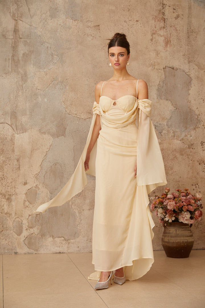 Mélusine neutrals ruched chiffon maxi dress - Celestia Couture