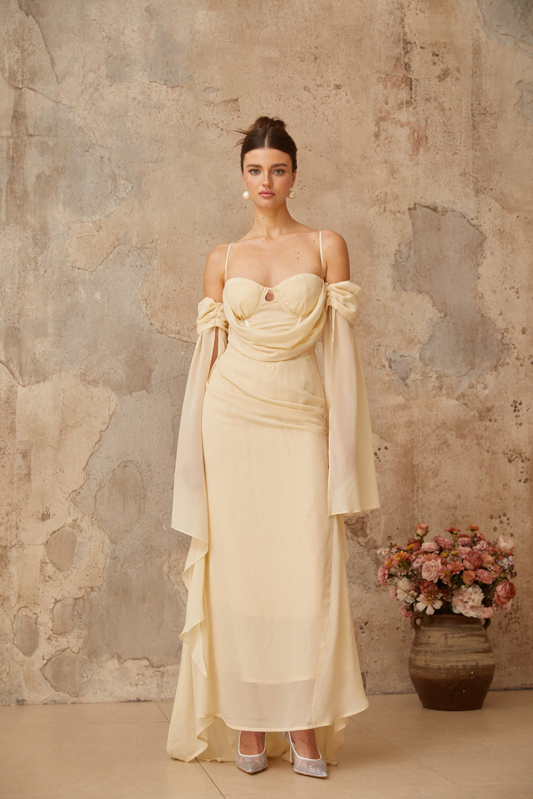 Mélusine neutrals ruched chiffon maxi dress - Celestia Couture