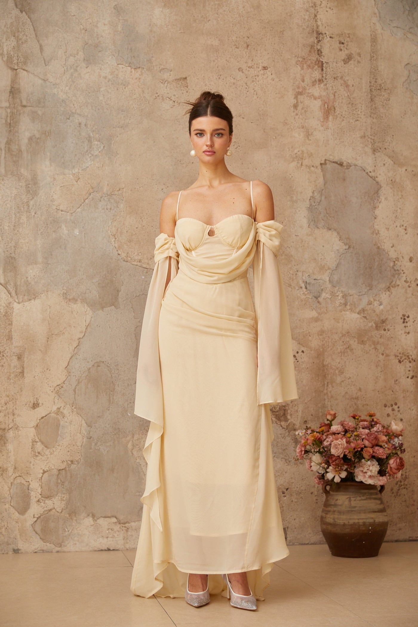 Mélusine neutrals ruched chiffon maxi dress