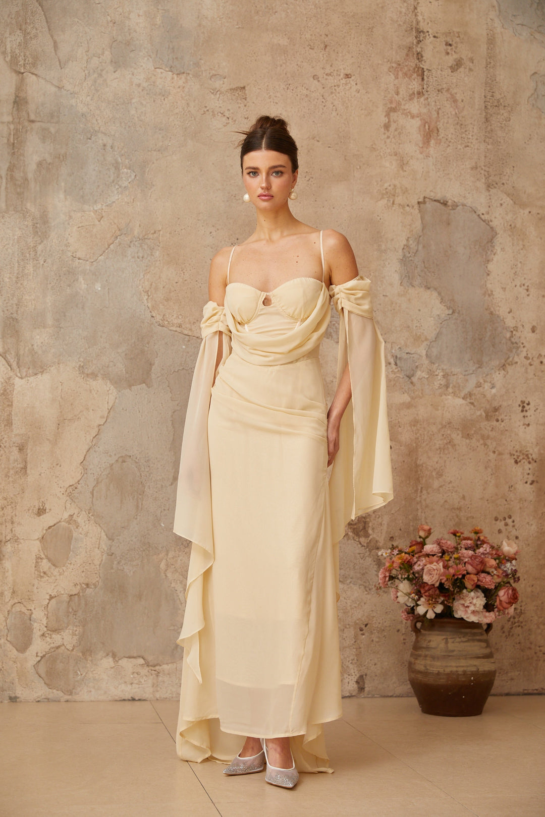 Mélusine neutrals ruched chiffon maxi dress - Celestia Couture