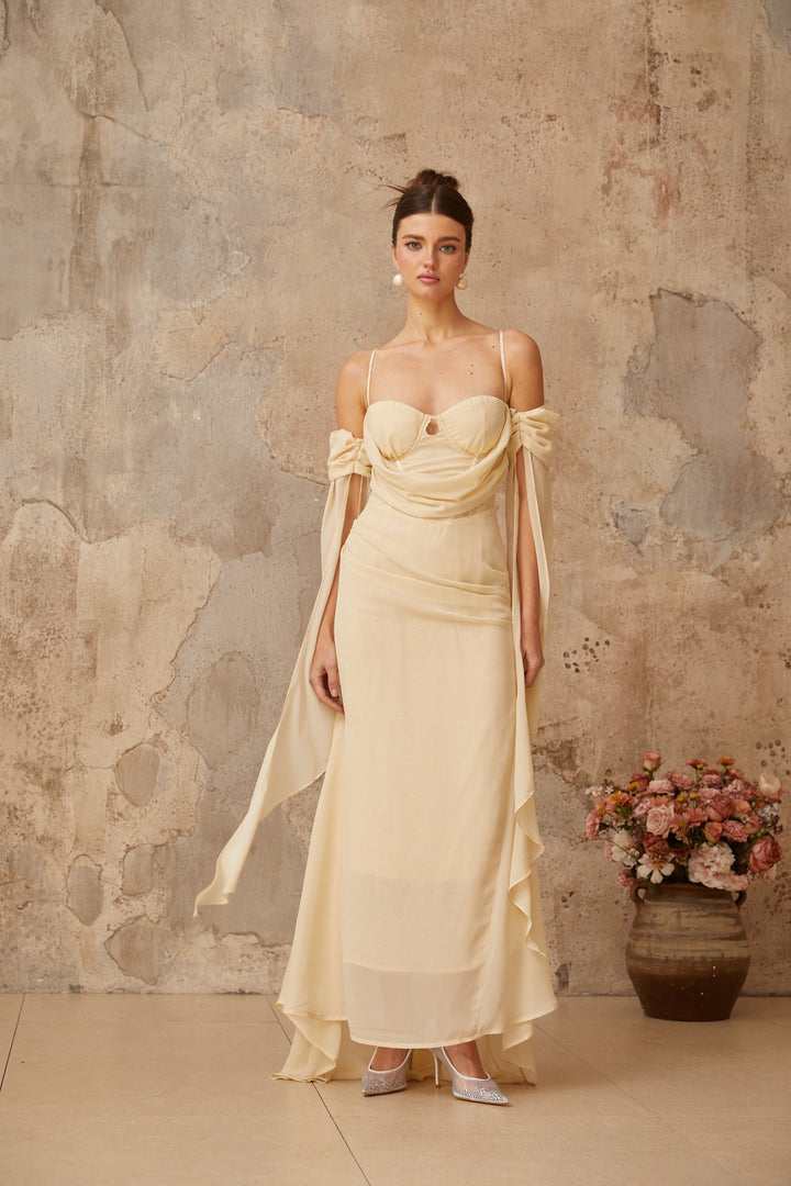 Mélusine neutrals ruched chiffon maxi dress - Celestia Couture