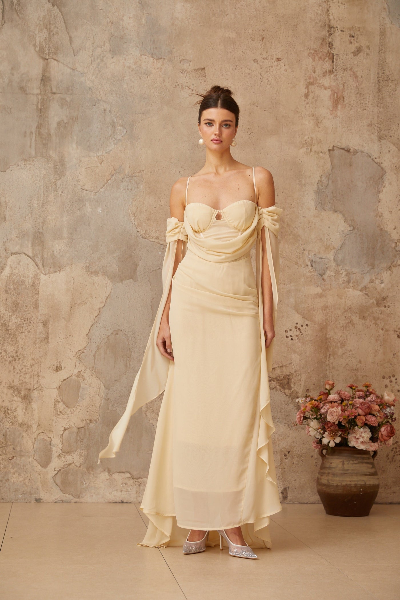 Mélusine neutrals ruched chiffon maxi dress