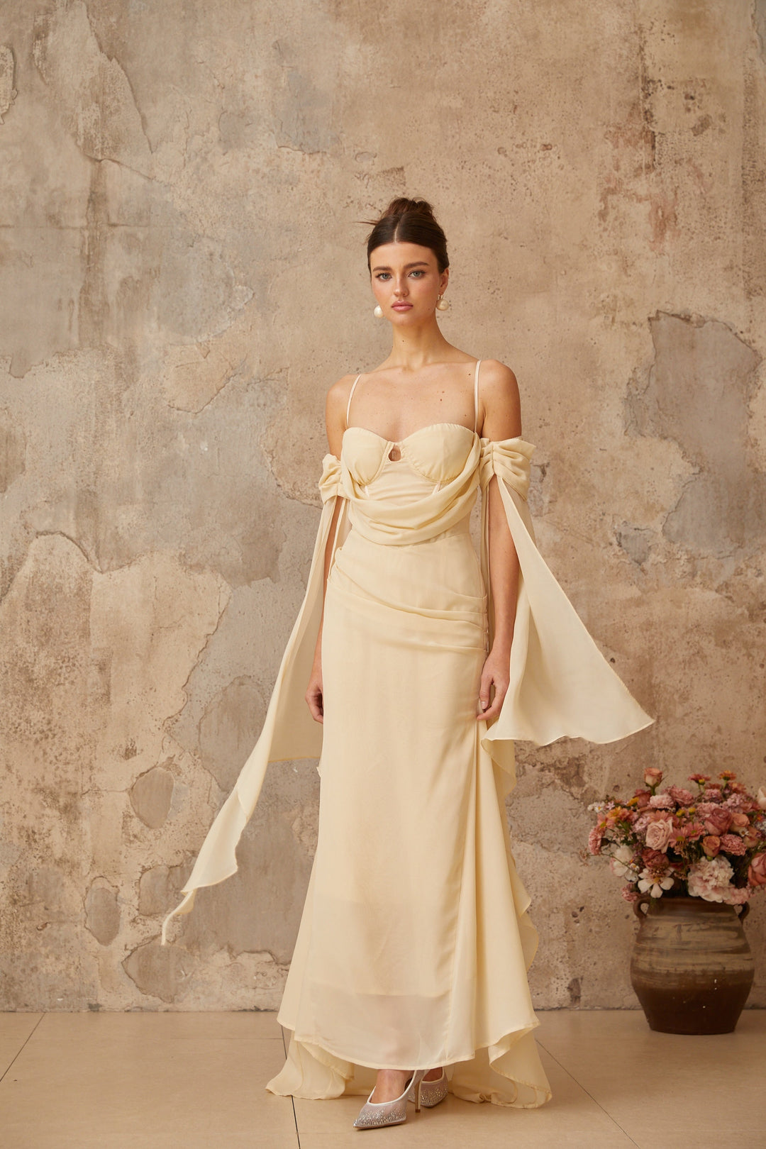 Mélusine neutrals ruched chiffon maxi dress - Celestia Couture