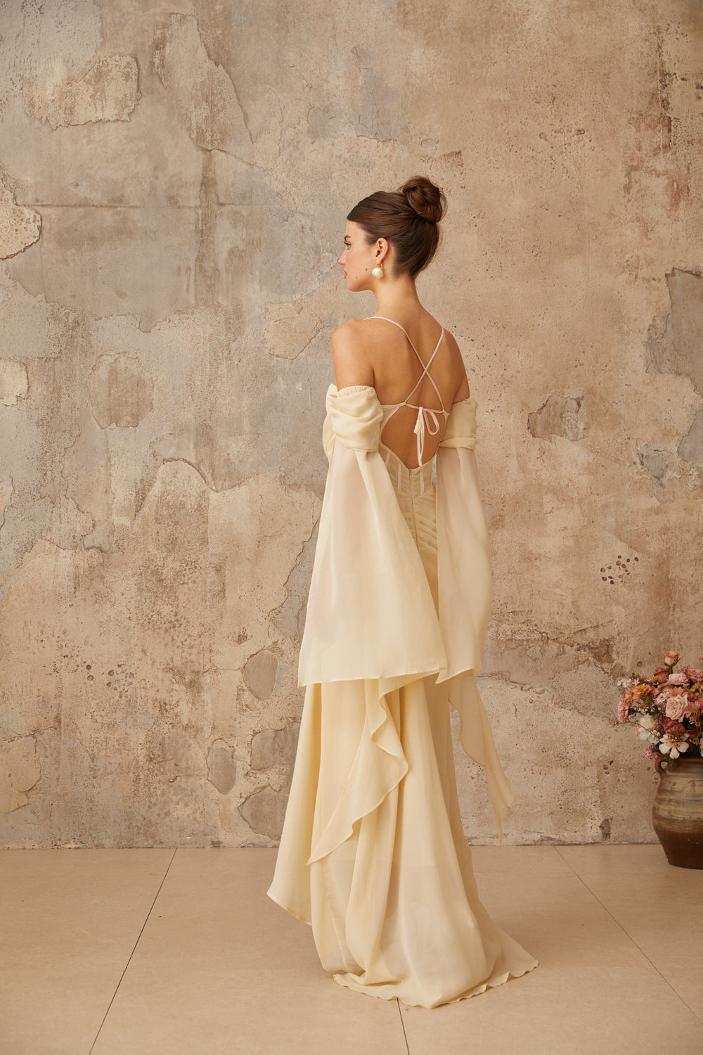 Mélusine neutrals ruched chiffon maxi dress - Celestia Couture