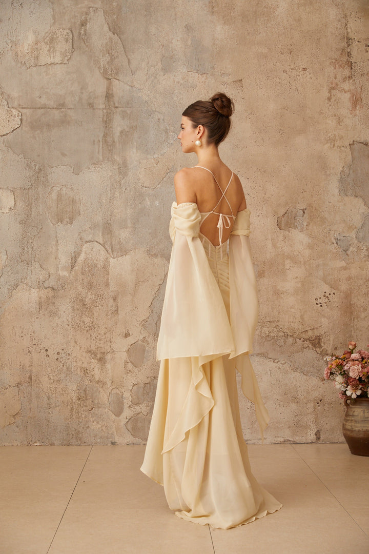 Mélusine neutrals ruched chiffon maxi dress - Celestia Couture