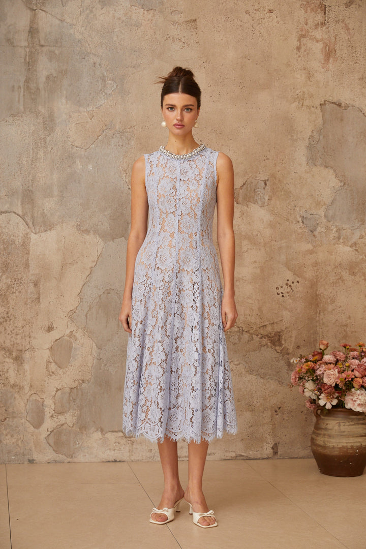 Lison blue embellished floral-lace midi dress - Celestia Couture