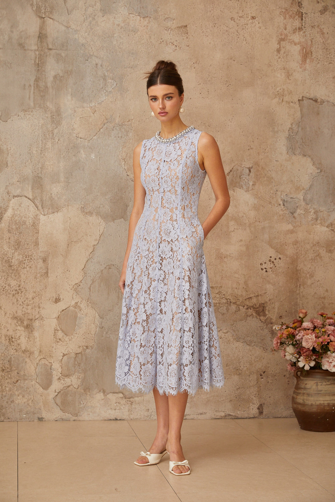 Lison blue embellished floral-lace midi dress - Celestia Couture