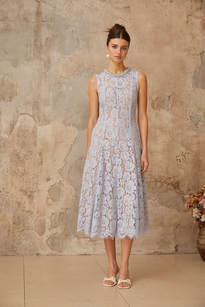 Lison blue embellished floral-lace midi dress - Celestia Couture