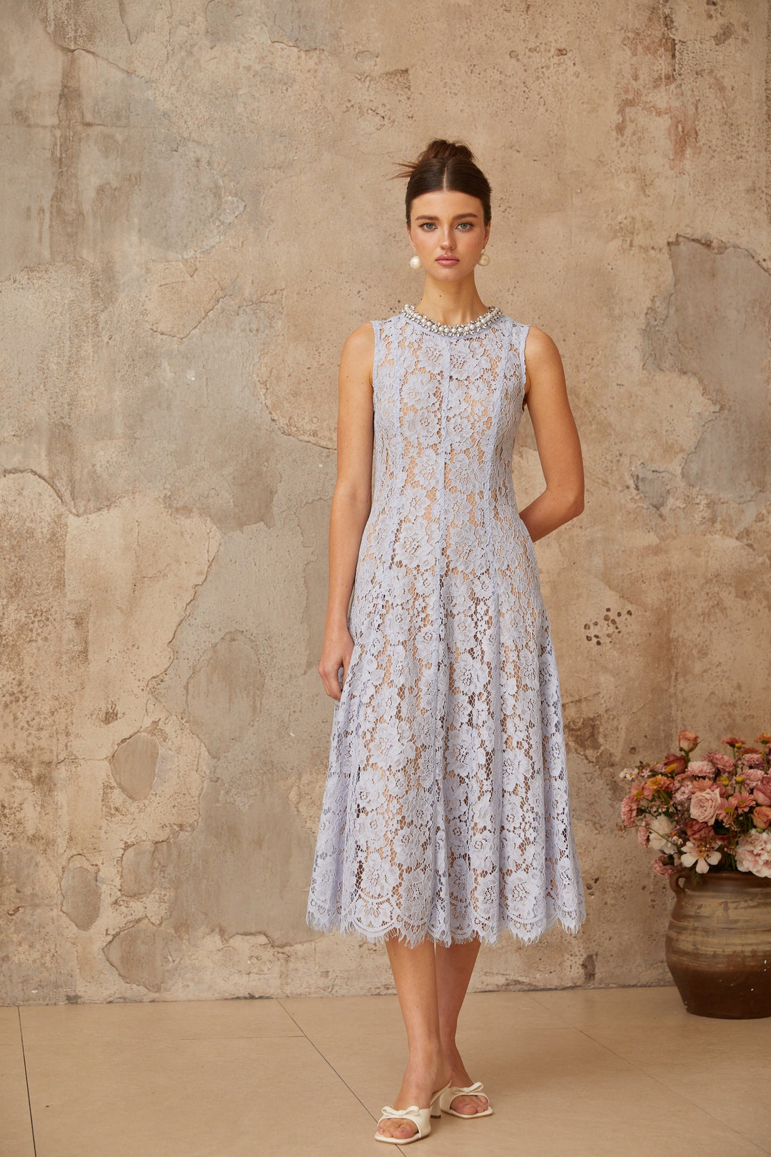 Lison blue embellished floral-lace midi dress - Celestia Couture