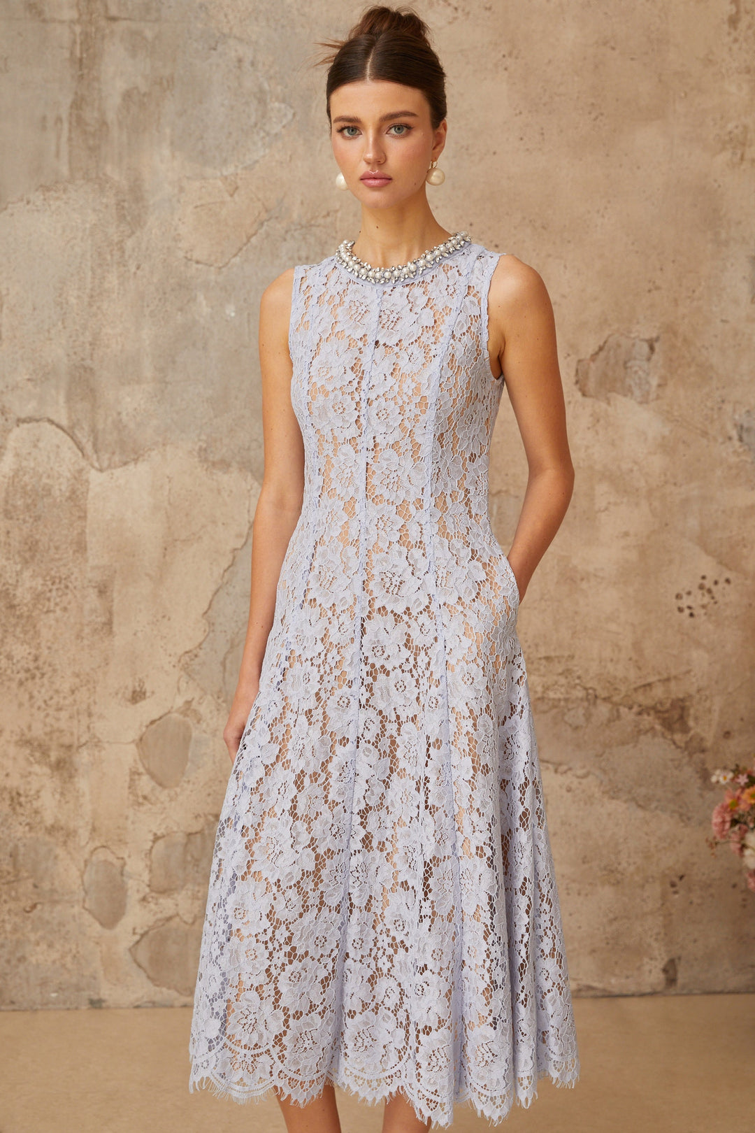 Lison blue embellished floral-lace midi dress - Celestia Couture