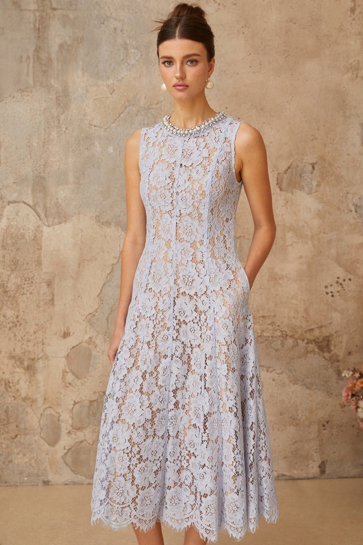 Lison blue embellished floral-lace midi dress - Celestia Couture