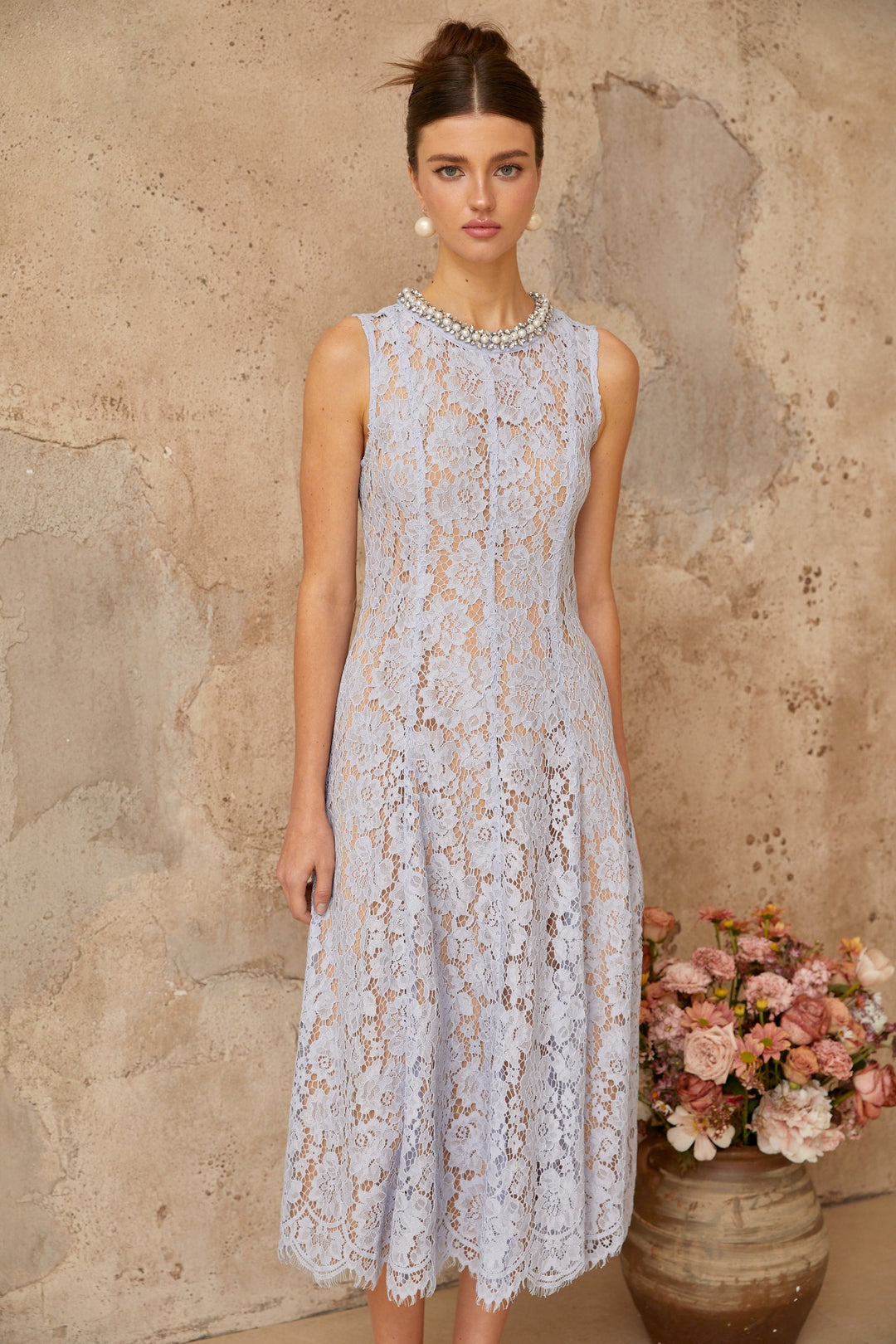 Lison blue embellished floral-lace midi dress - Celestia Couture