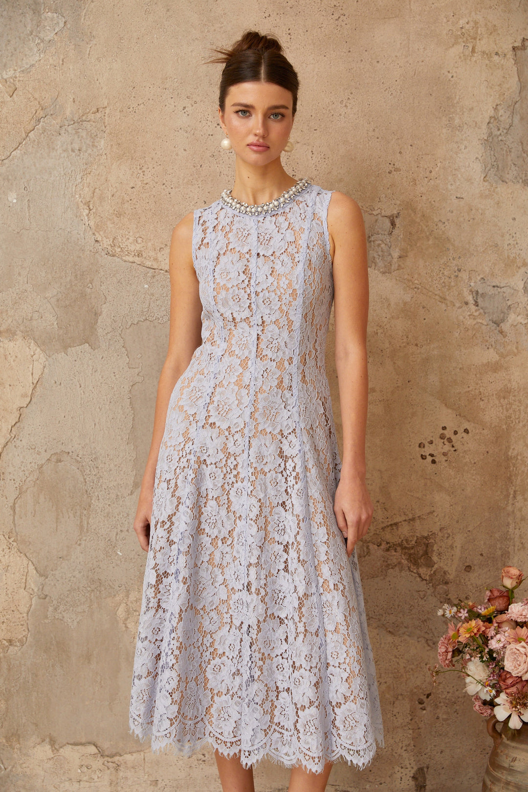 Lison blue embellished floral-lace midi dress - Celestia Couture