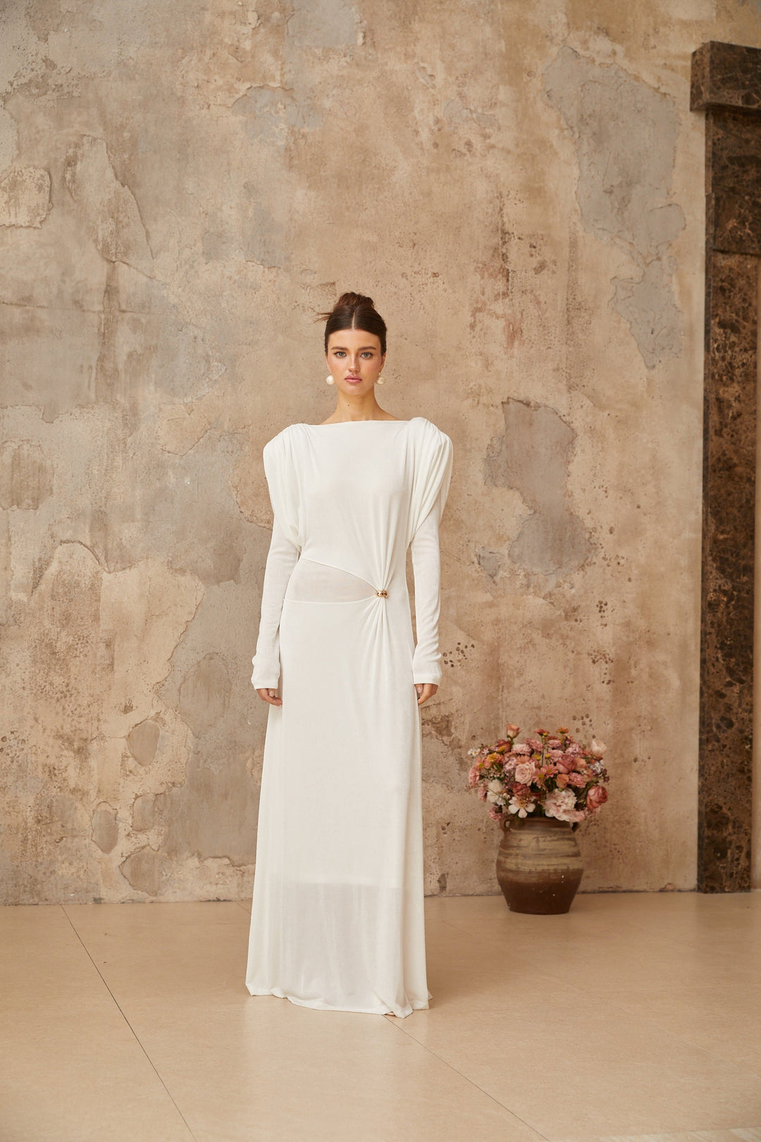 Margot white draped shirred maxi dress - Celestia Couture