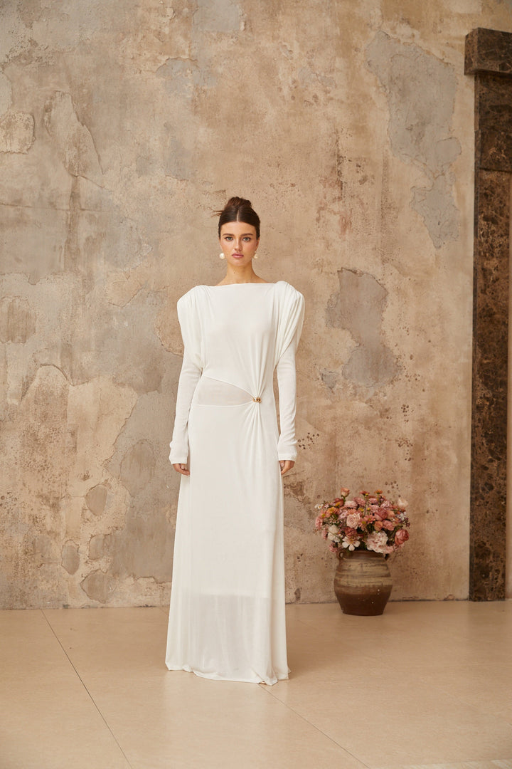 Margot white draped shirred maxi dress - Celestia Couture
