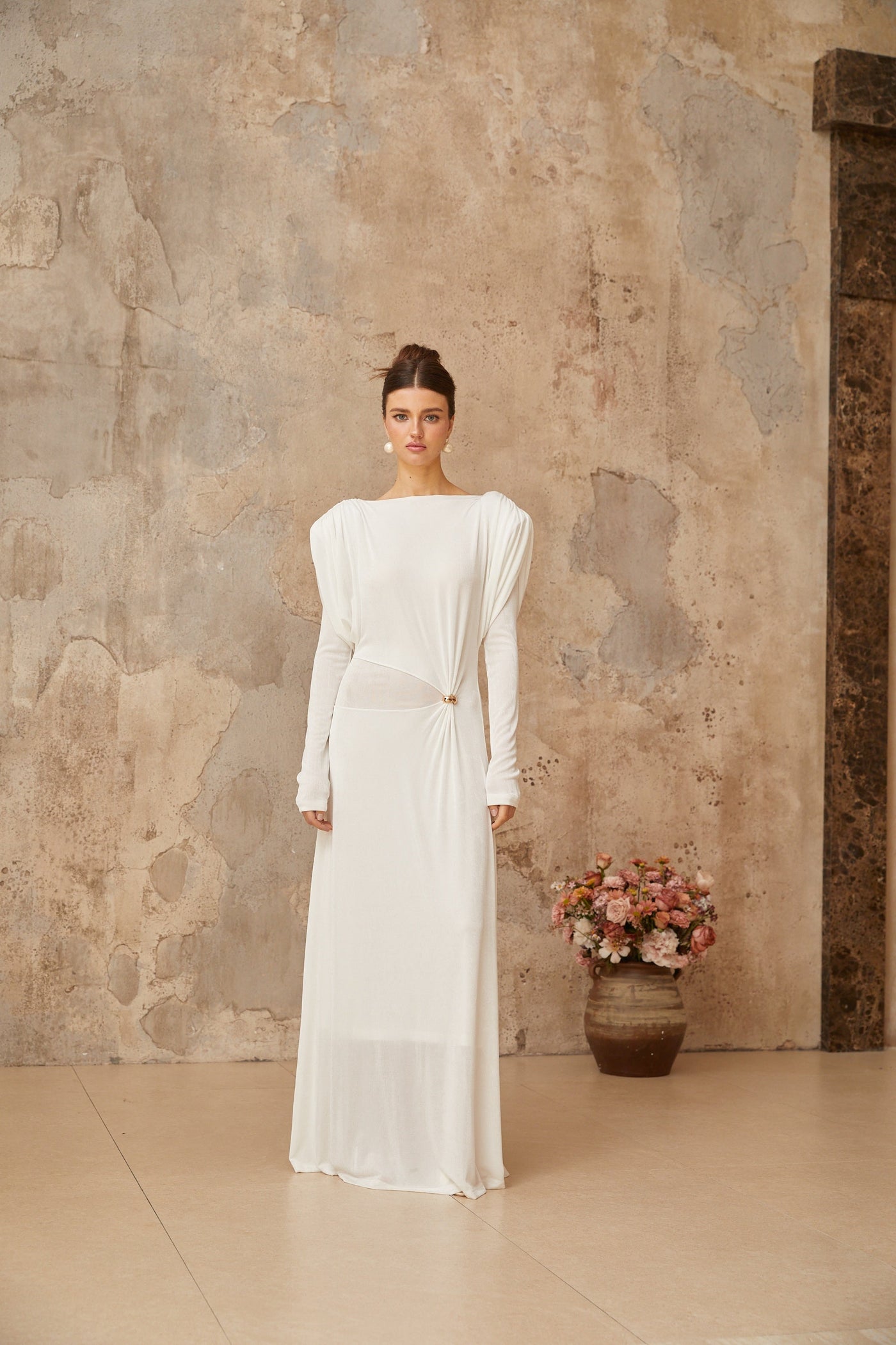 Margot white draped shirred maxi dress