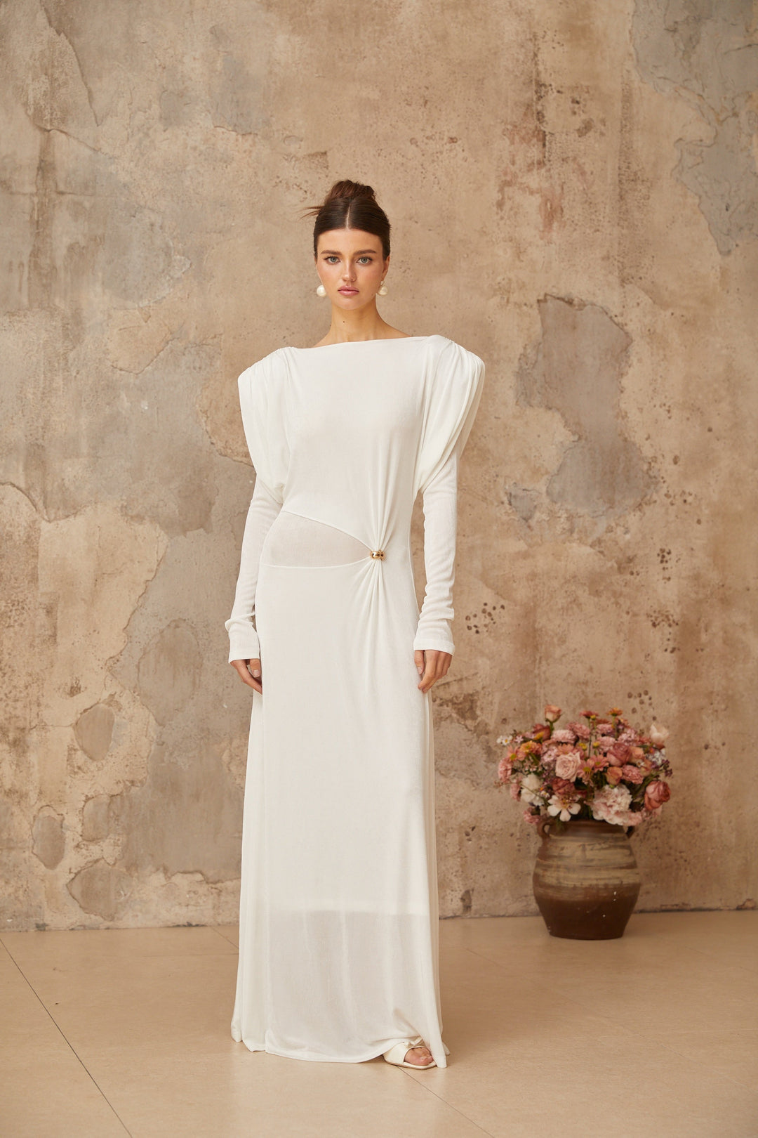 Margot white draped shirred maxi dress - Celestia Couture