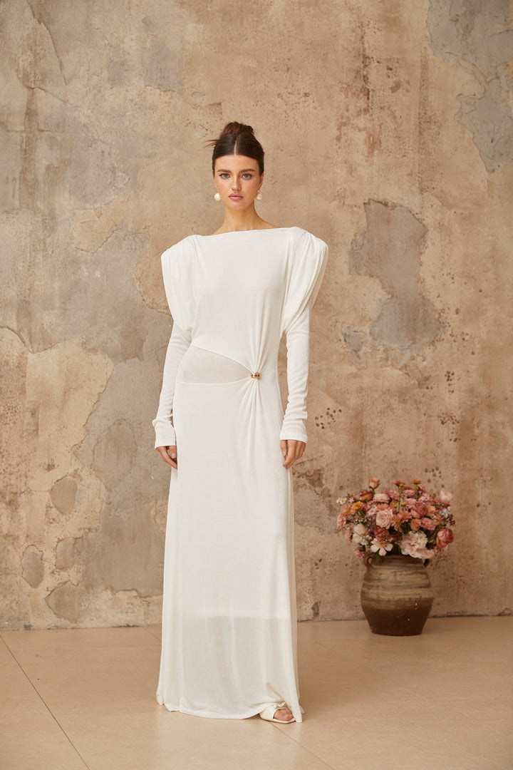 Margot white draped shirred maxi dress - Celestia Couture