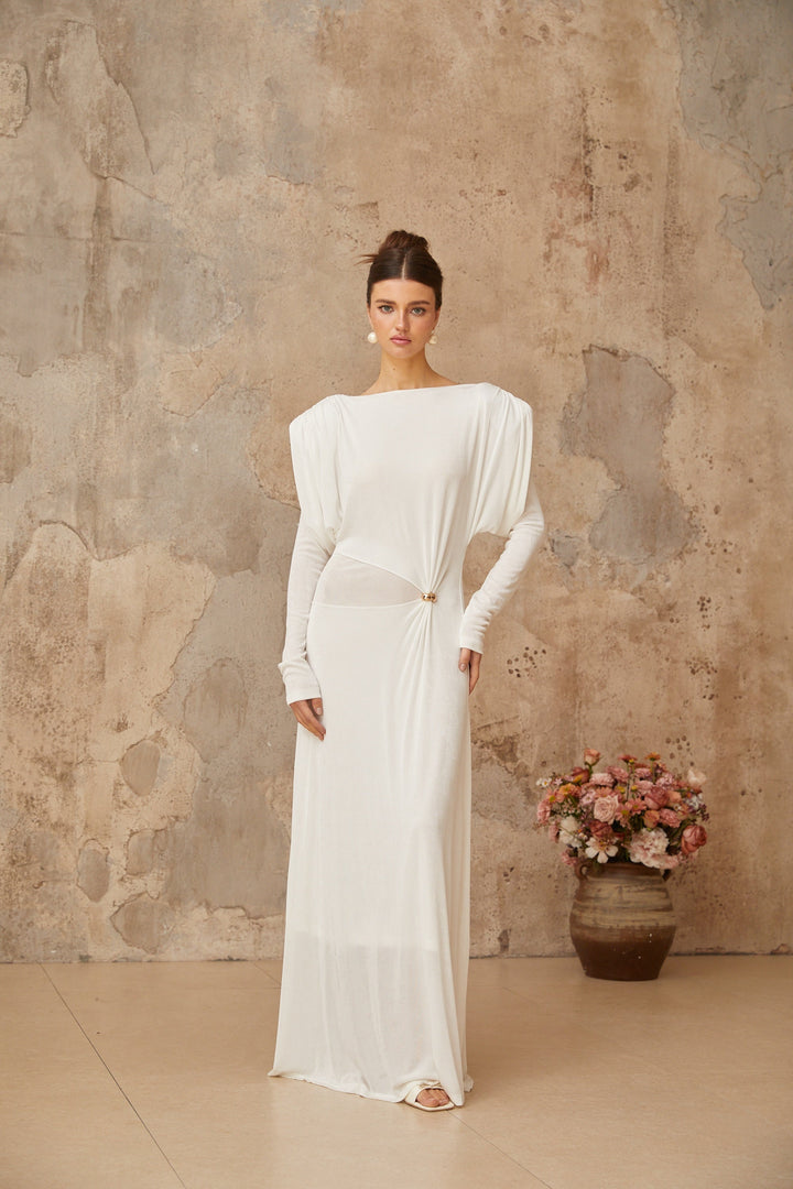 Margot white draped shirred maxi dress - Celestia Couture