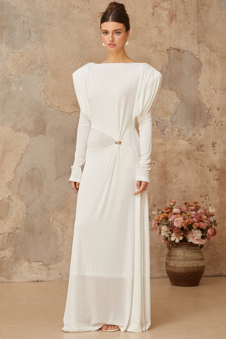 Margot white draped shirred maxi dress - Celestia Couture