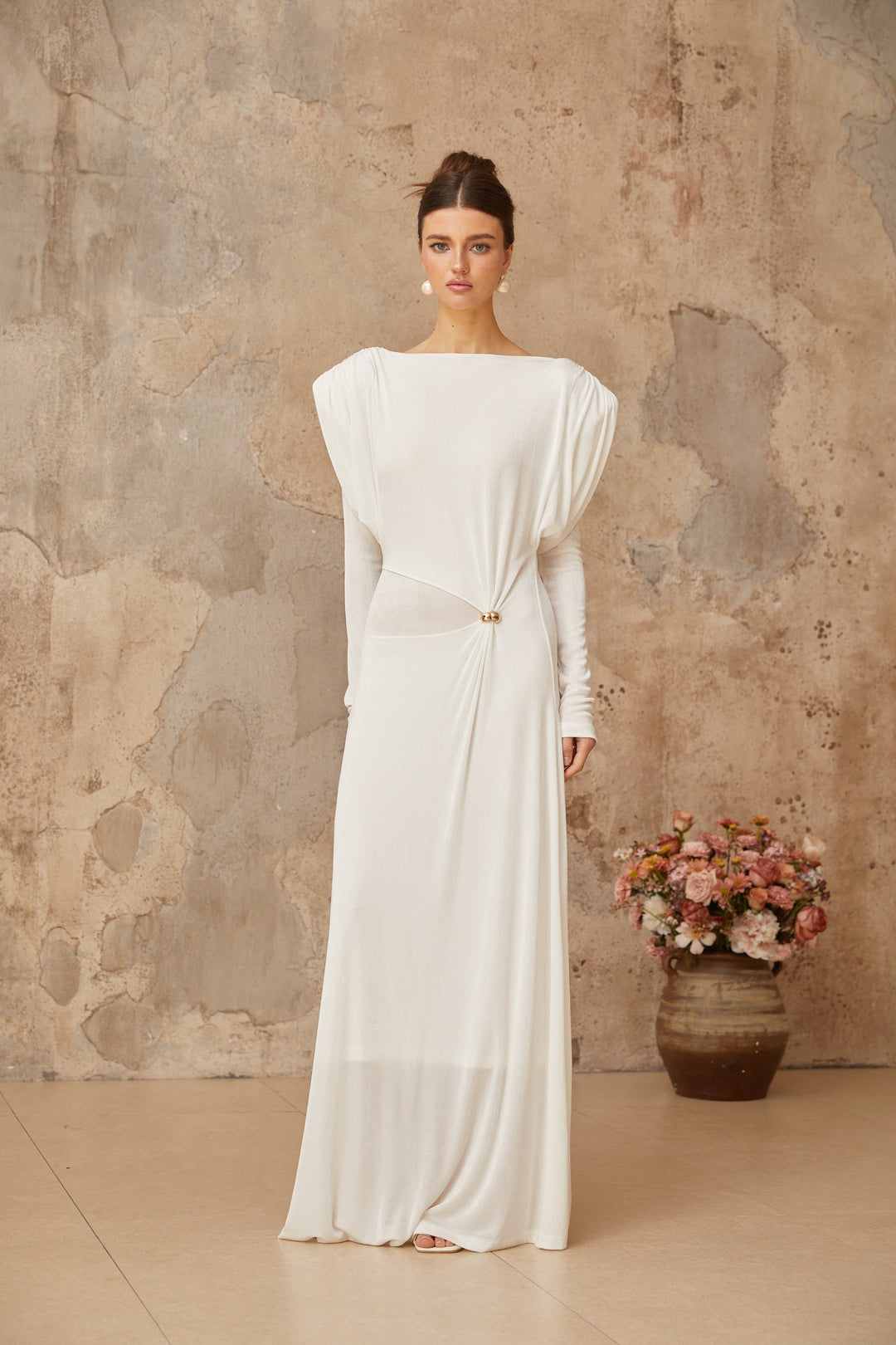 Margot white draped shirred maxi dress - Celestia Couture