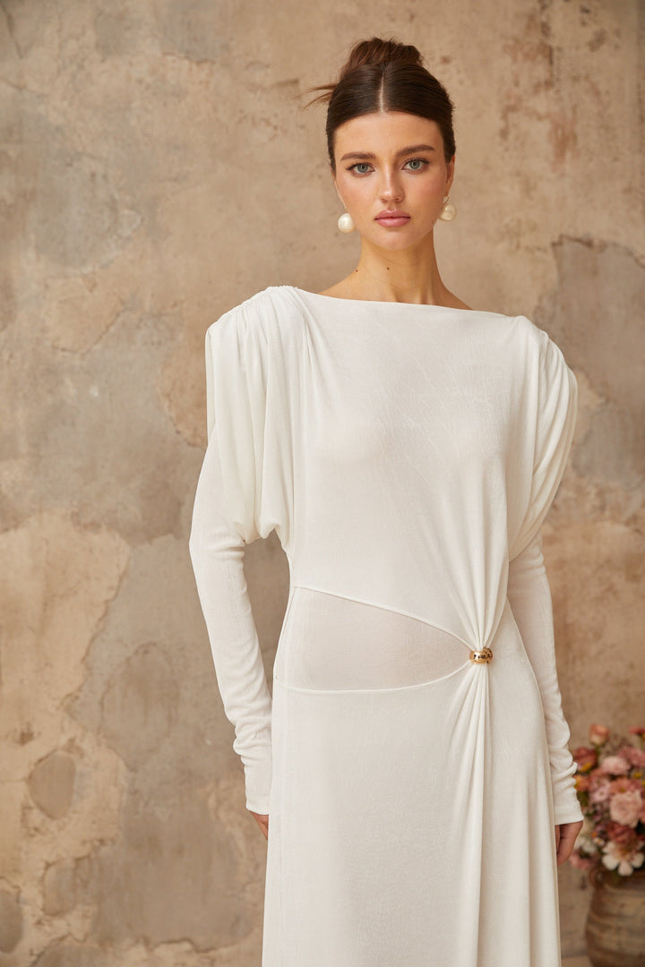 Margot white draped shirred maxi dress - Celestia Couture