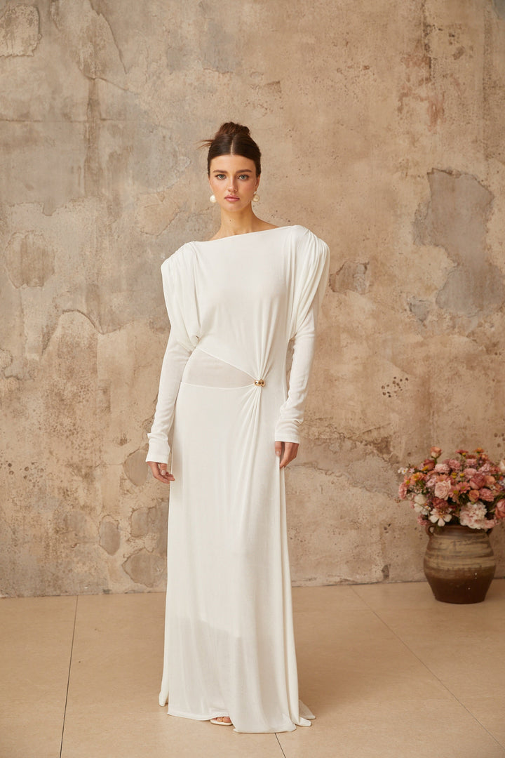 Margot white draped shirred maxi dress - Celestia Couture