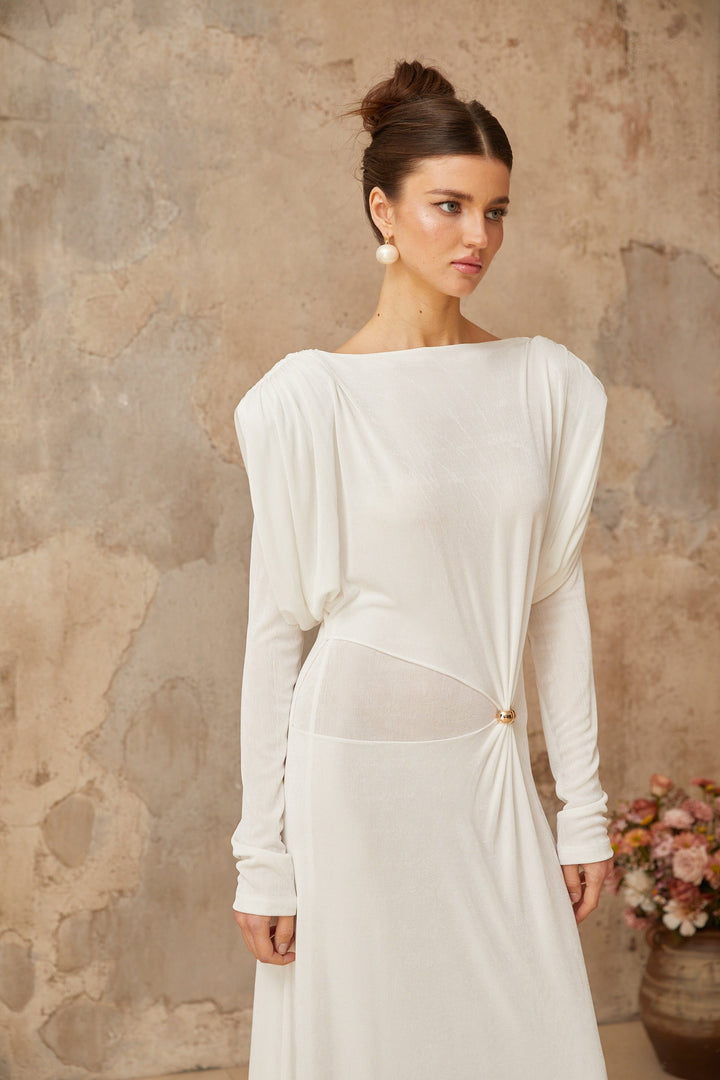 Margot white draped shirred maxi dress - Celestia Couture