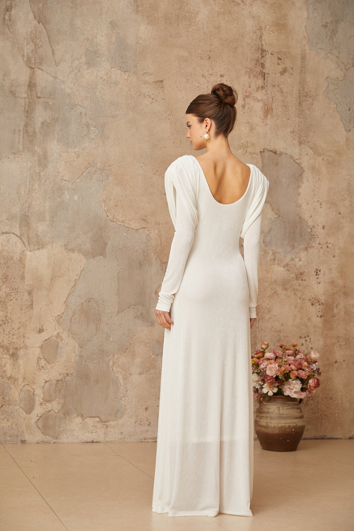 Margot white draped shirred maxi dress - Celestia Couture