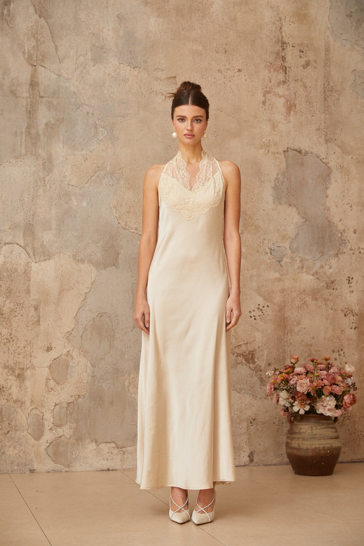 Vera white lace-trim satin maxi dress - Celestia Couture