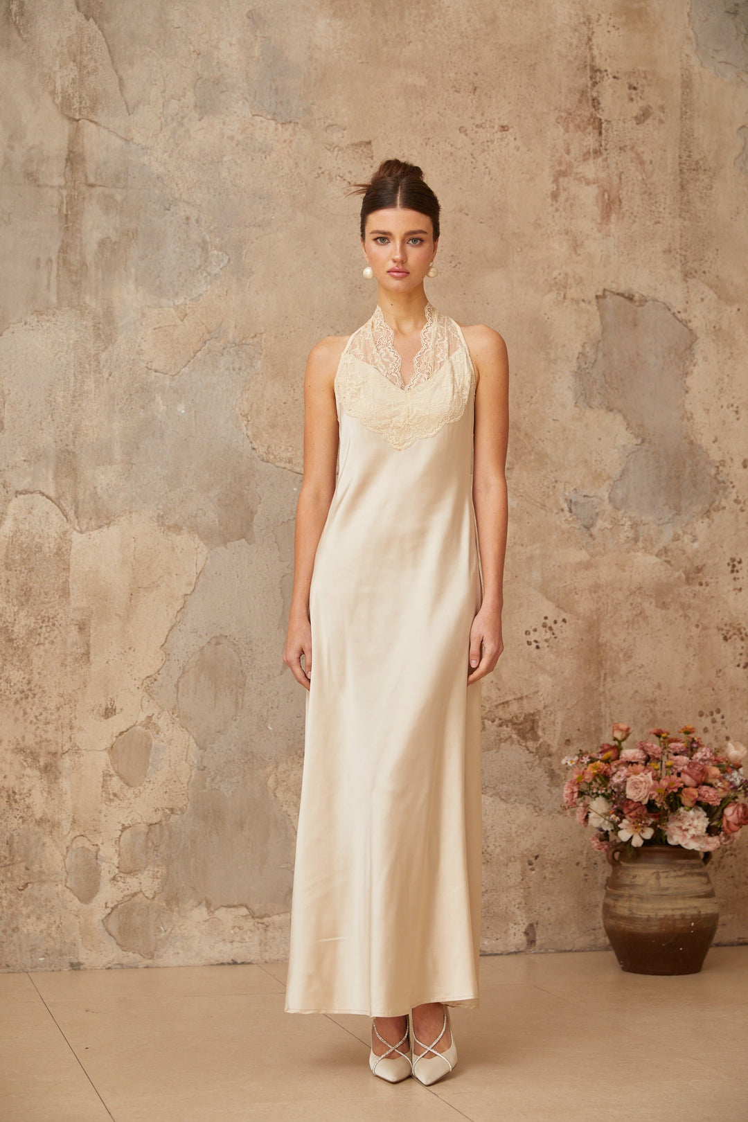 Vera white lace-trim satin maxi dress - Celestia Couture