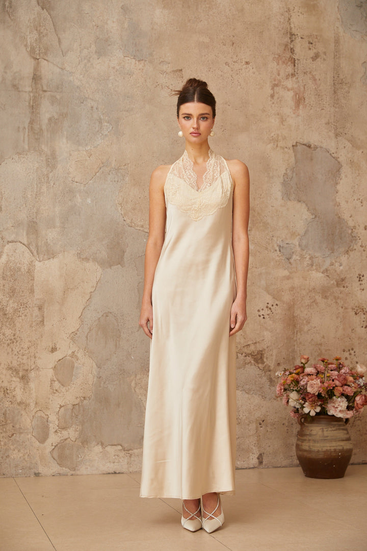 Vera white lace-trim satin maxi dress - Celestia Couture