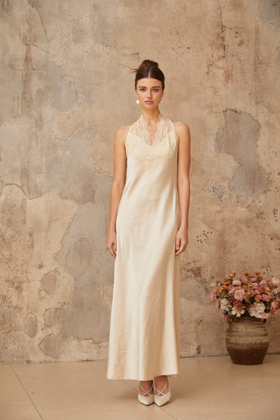 Vera white lace-trim satin maxi dress