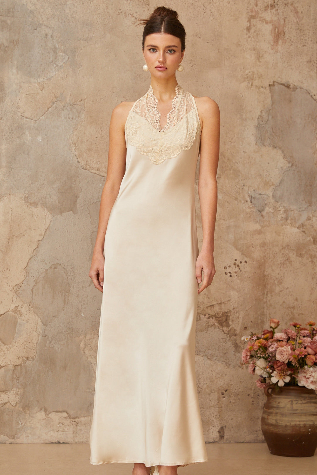 Vera white lace-trim satin maxi dress - Celestia Couture
