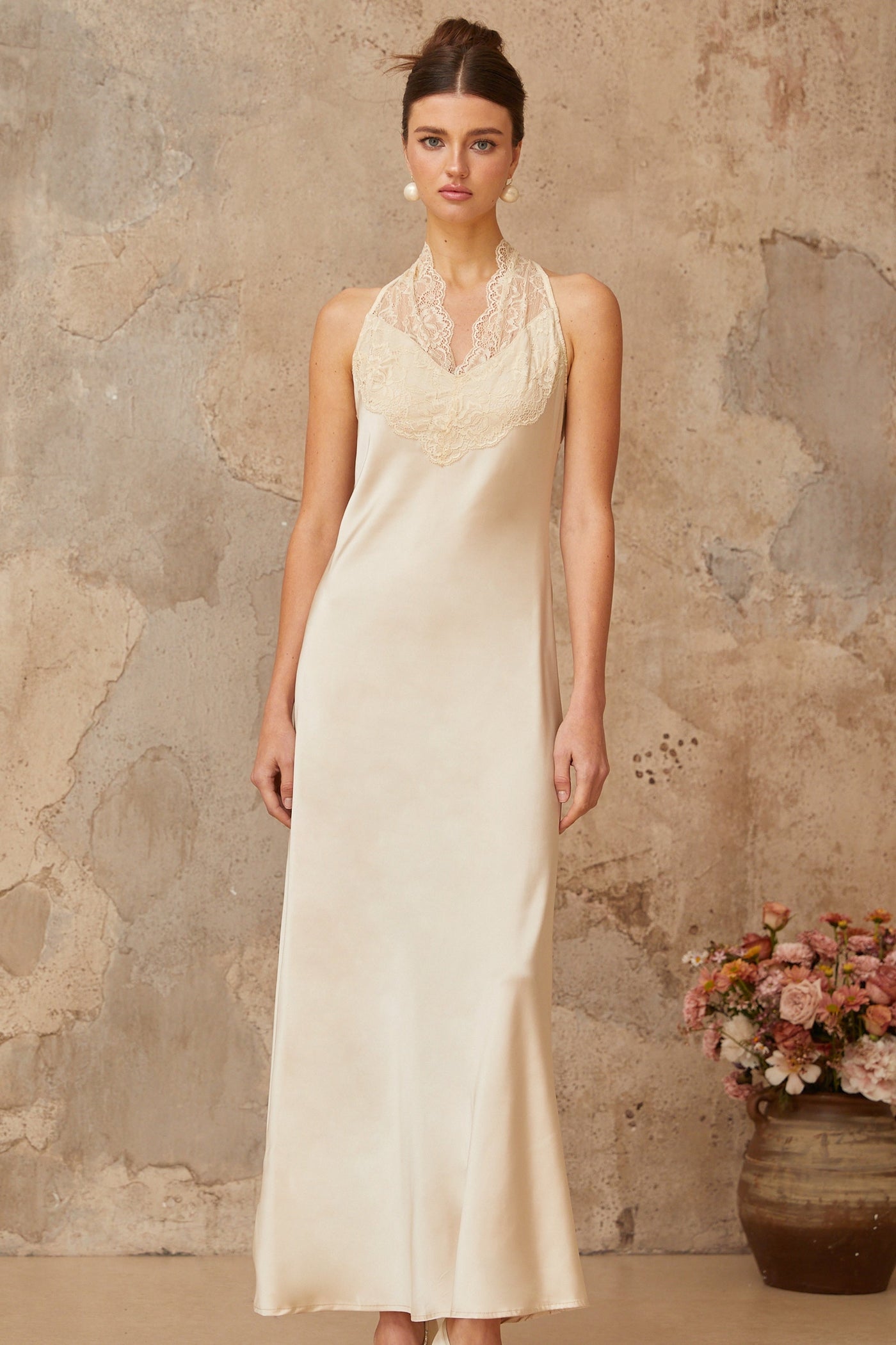 Vera white lace-trim satin maxi dress