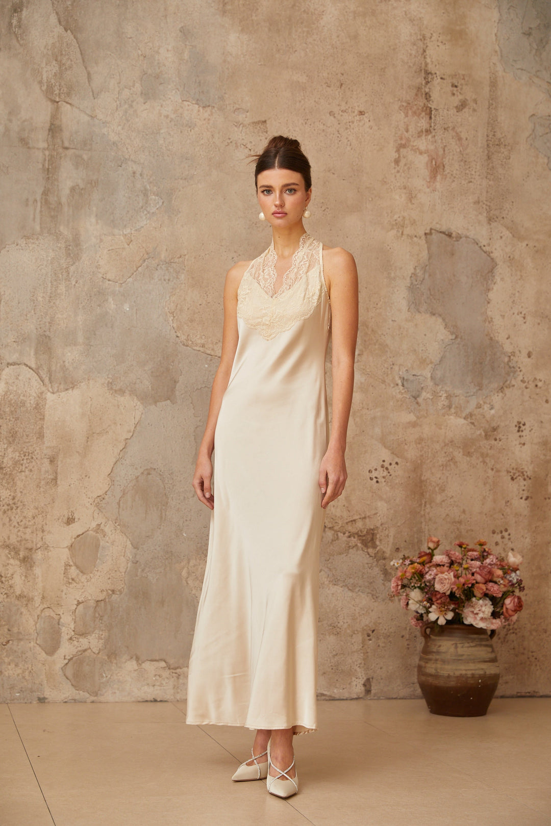 Vera white lace-trim satin maxi dress - Celestia Couture