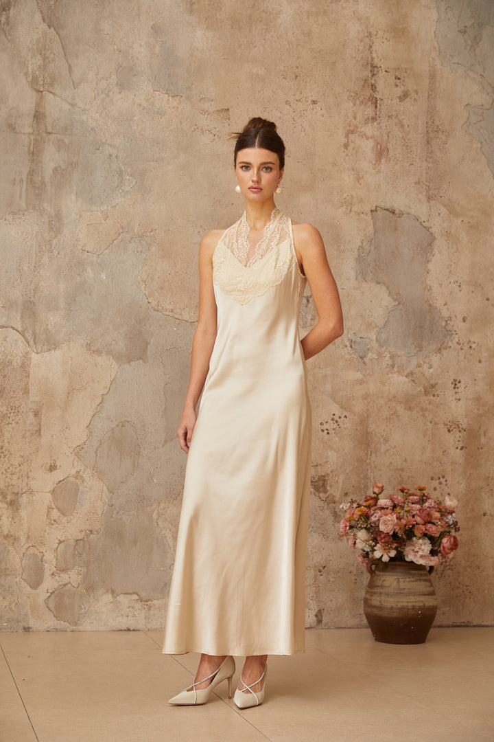 Vera white lace-trim satin maxi dress - Celestia Couture