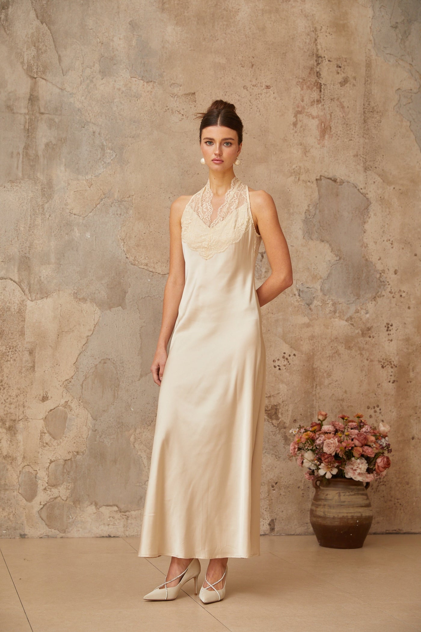 Vera white lace-trim satin maxi dress