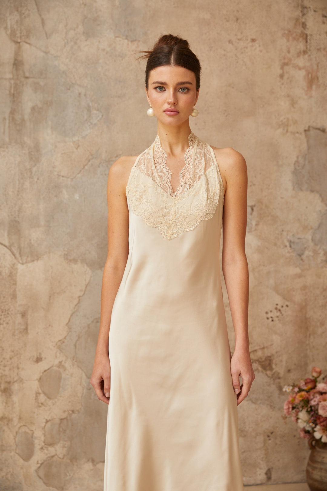 Vera white lace-trim satin maxi dress - Celestia Couture