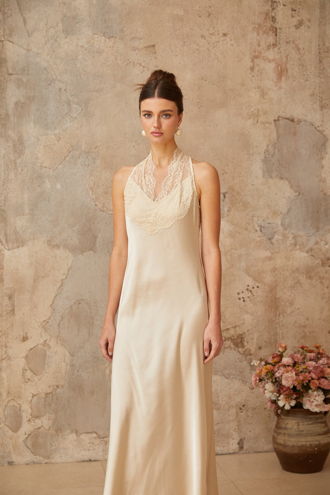 Vera white lace-trim satin maxi dress - Celestia Couture